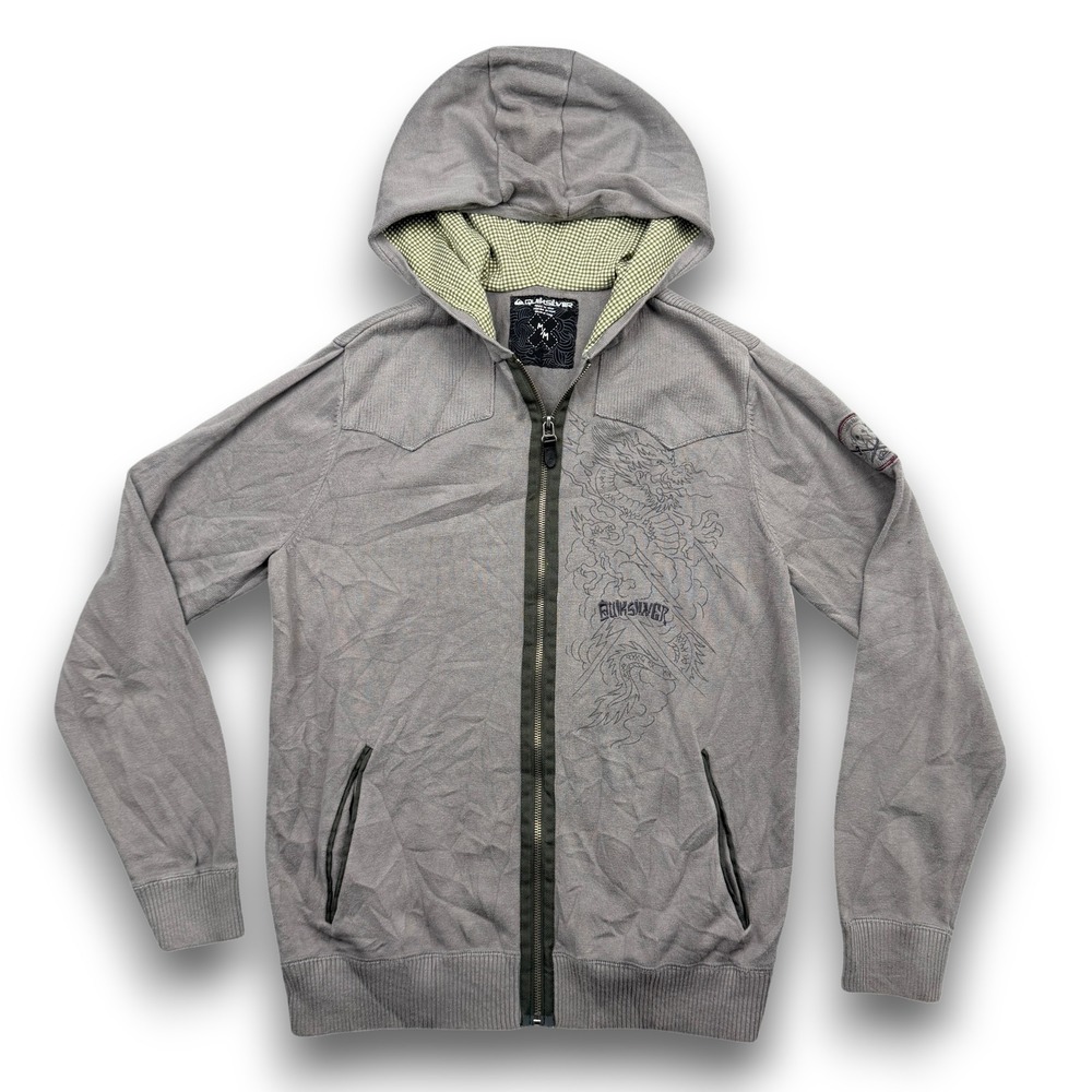Quiksilver Hoodie Mens M Gray Dragon Graphic‎ Knit Sweater Western Yoke Full Zip